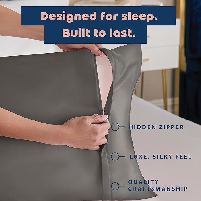 BLISSFORD Satin Pillowcase with Zipper, for Hair and Skin Care, Feels Soft and Cool Like a Silk Pillowcase, Satin Pillow Cases 2 Pack, Slik Pillow Cover, Dark Grey - King Size