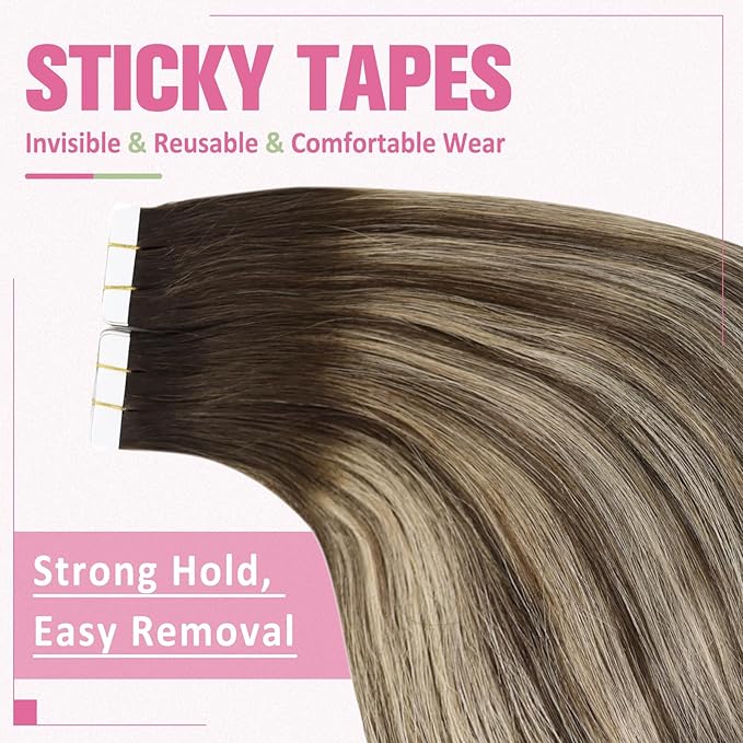 YoungSee Human Hair Tape in Extensions Dark Brown Tape in Hair Extensions Human Hair Balayage Tapes ins Human Hair Extension Dark Brown Ombre Ash Blonde Tape-in Hair Silky Straight 20 Inch 20pcs 50g