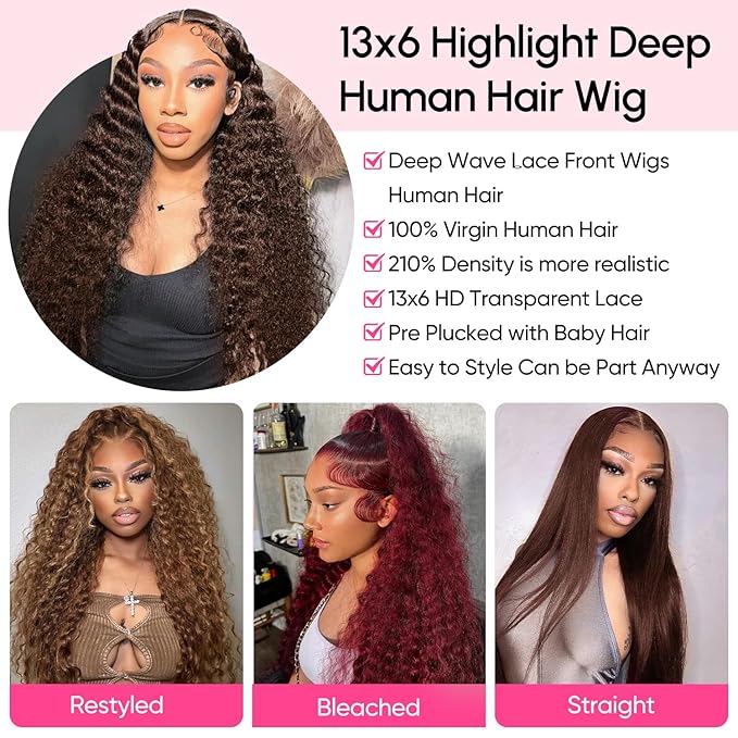 36 Inch Chocolate Brown Deep Wave Lace Front Wigs Human Hair 210 Density 13x6 HD Lace Frontal Wigs Human Hair Pre Plucked Brown Curly Glueless Wigs Human Hair for Women