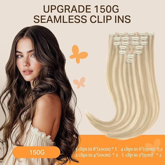 DOORES Clip in Hair Extensions Seamless, Dark Blonde Highlighted Bleach Blonde 20 Inch 150g 7pcs, Long Straight Human Hair Clip in Extensions