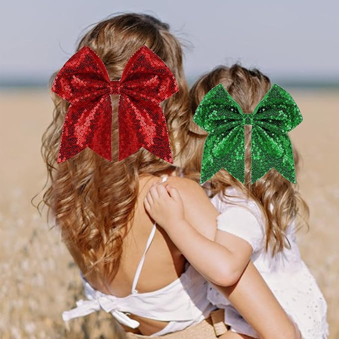 Large Big 7 Inch Glitter Bow Clip Sequin Bling Party Hair Accessories for Women Teens Girls Kids 2 Pcs (Red, Christmas Green)