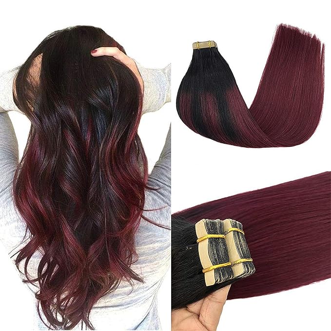 GOO GOO Tape in Hair Extensions Human Hair, 1/99 Balayage Jet Black to Red, 20inch 50g 20pcs, Thick Ends Straight Seamless, Invisible Tape in Hair Extensions