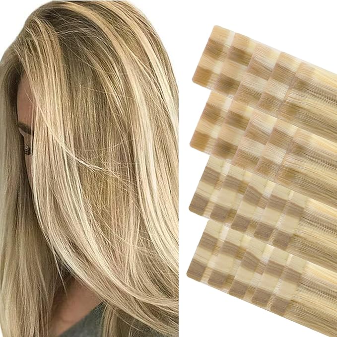 GOO GOO Invisi Edge Tape in Hair Extensions Human Hair, 16/22 Light Blonde Highlighted Golden Blonde 10pcs injected with 10pcs classical tape ins, 12inch 40g, Virgin Remy Hair, Natural Look