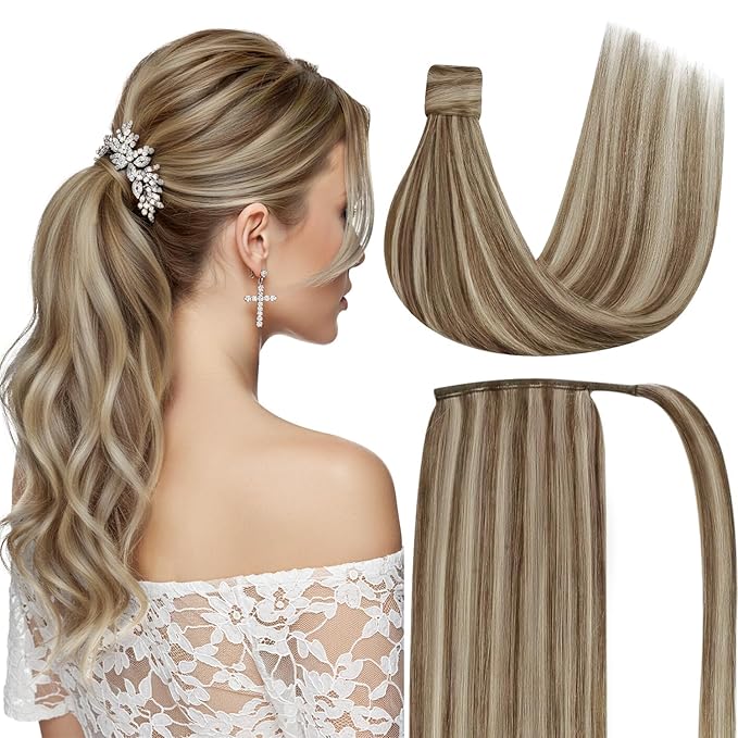 Ve Sunny Hair Extensions Ponytail Real Human Hair 80G Wrap Around Clip in Ponytail Hair Extensions Straight Extensions Human Hair for Women Light Brown Highlights Platinum Blonde 14inch