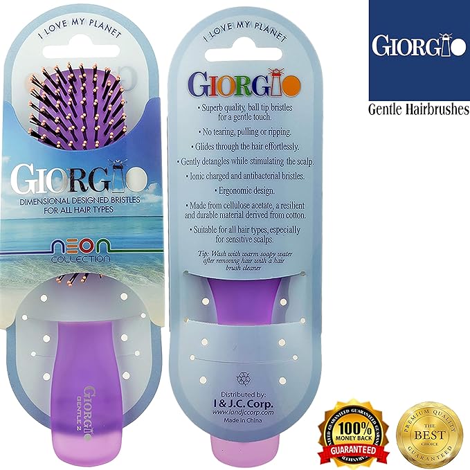 Giorgio GION1-2PP Neon Purple Set of 2 Gentle Touch Detangler Hair Brush for Men and Women. Soft Bristles for Sensitive Scalp. Wet/Dry for all Hair Types. Scalp Massager Brush Stimulate Hair Growth