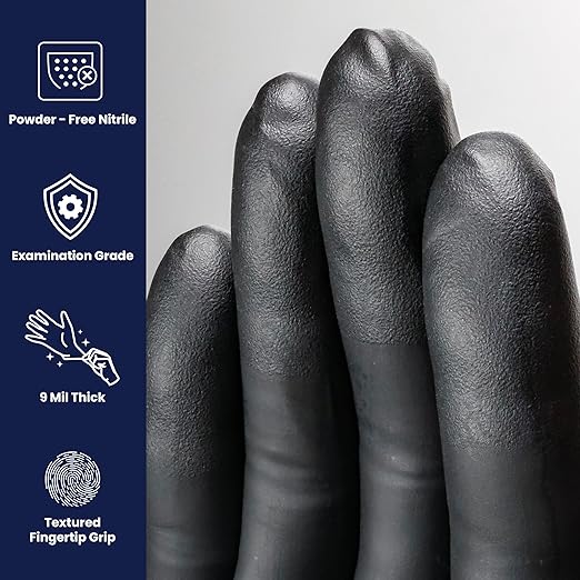 Adenna Dark Light Bulk Disposable Nitrile Gloves – 9 Mil, Heavy Duty Work Rubber Glove with Textured Grip, Non-Latex & Powder Free, Case of 1000, Large, Black