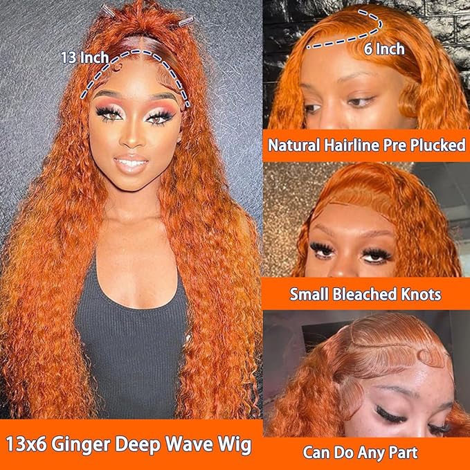 Ginger Orange Deep Curly HD Lace Front Wigs for Women 13x6 Wet and Wavy Deep Wave Frontal Wigs Human Hair 210% Density 350# Colored Glueless Wig Human Hair Pre Plucked 20Inch
