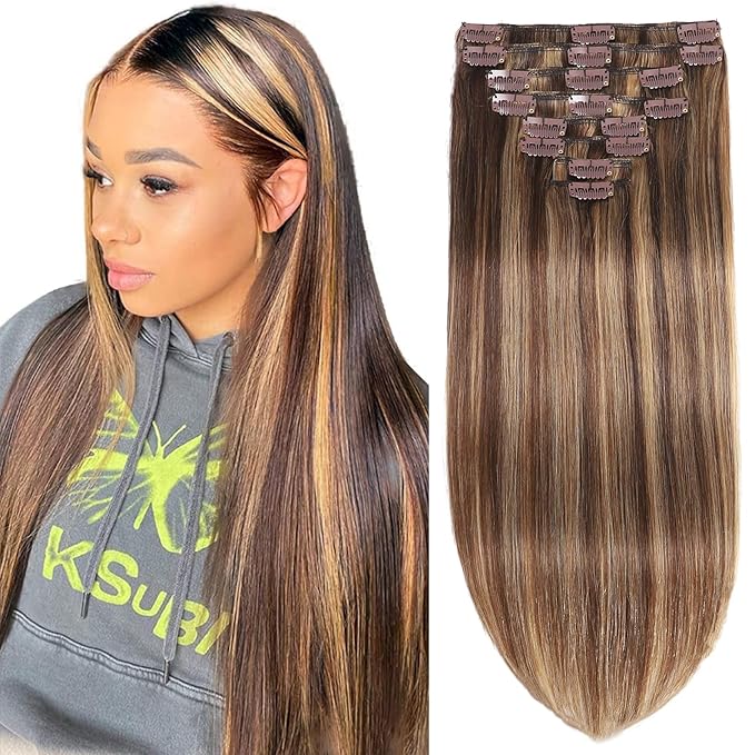 Human Hair Extensions for Women, 24inch 125g Straight Clip in Hair Extensions Real Human Hair Soft & Natural Handmade Human Hair Clip in Extensions Black Women #P427