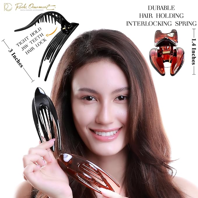 RC ROCHE 2 Pcs Flat Hair Clips Big Claw for Thick Hair French Duckbill Women No Slip Side Slide Curved Alligator Concord Strong Grip Hold Volume Lay Down Clamp, Medium Black & Brown