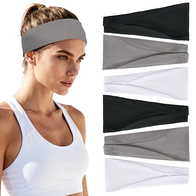 Headbands for Women Non-Slip Elastic Hair Bands, 6 Pack Stretchy Soft Cloth Sweat Band, Fabric Workout Headband, Fashion Head Bands for Yoga Running Sports