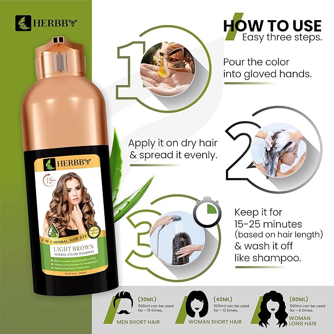HERBBY Hair Color Shampoo for Gray Hair Coverage&Color Transform with 9 Herbal Extracts –Long Lasting(6-8 Weeks),Shiny,Evenly Colored,Instant Hair Dye Shampoo&Conditioner, 500 Ml (LIGHT BROWN COLOR)