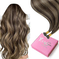 YoungSee Nano Hair Extensions Real Human Hair Brown Highlight Nano Bead Human Hair Extensions Dark Brown Highlights Caramel Blonde Nano Ring Hair Extension Straight Cold Fusion 18inch 50s 50g