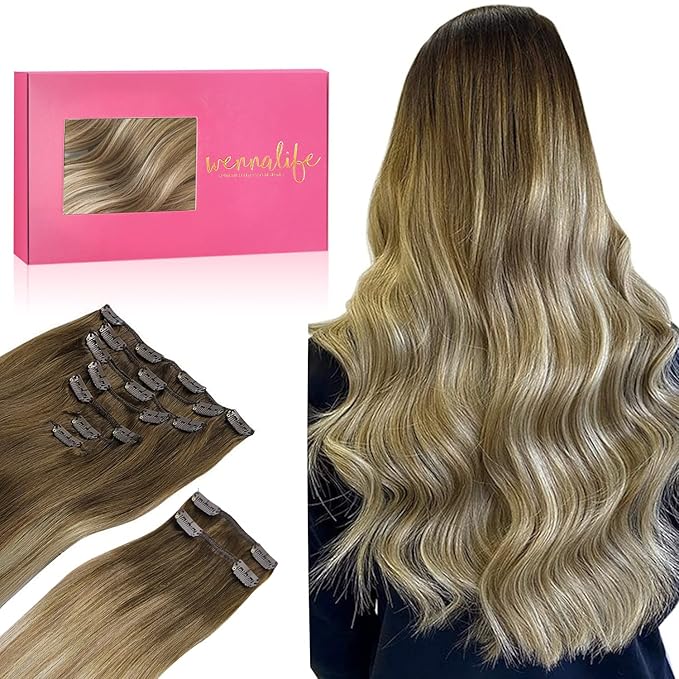 WENNALIFE Hair Extensions Clip In, 9pcs 24inch 150g Ombre Walnut Brown to Ash Brown and Bleach Blonde Real Human Remy Clip In Hair Extensions