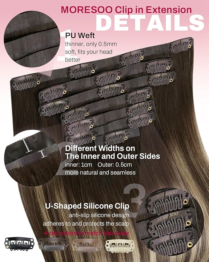 Moresoo Seamless Clip in Hair Extensions Balayage Brown Remy Seamless Human Hair Clip in Extensions Ombre Dark Brown with Caramel Blonde 7pcs/120g 18inch