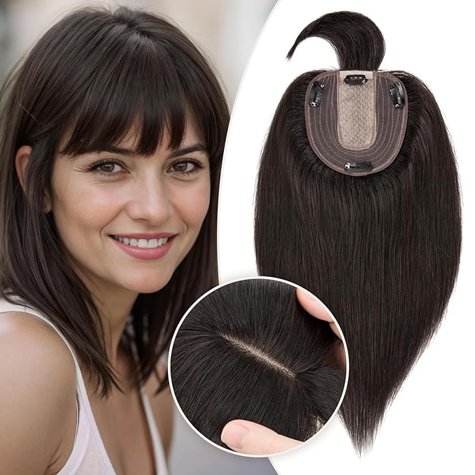 Rich Choices Real Human Hair Toppers for Women With Bang 100% Remy Human Hair Topper for Thinning Hair Clip in Silk Base Hair Topper 12 Inch #1B Natural Black
