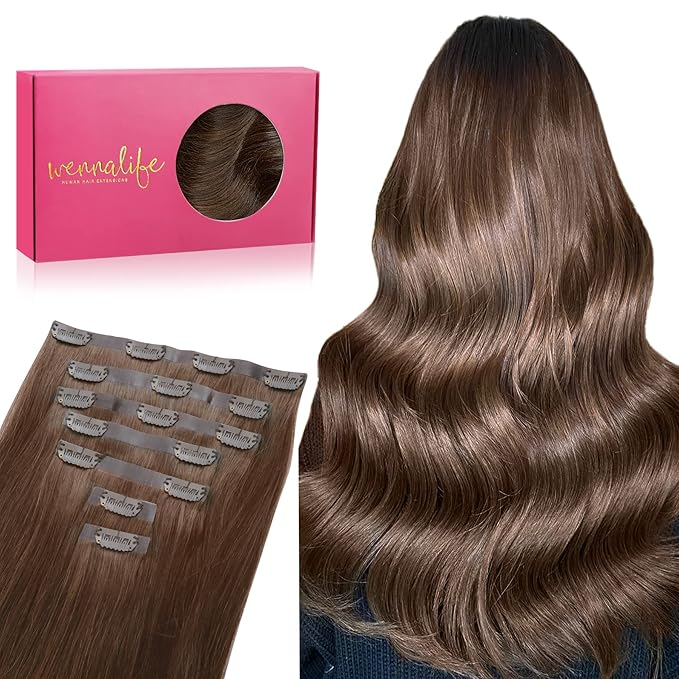 WENNALIFE Seamless Clip In Hair Extensions, 16 Inch 130g 7pcs Chocolate Brown Hair Extensions Clip in Human Hair Invisible PU Skin Weft Natural Remy Human Hair Extensions