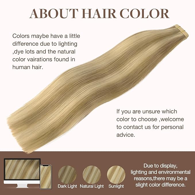 GOO GOO Tape in Hair Extensions Human Hair, 16/22 Light Blonde Highlighted Golden Blonde, 10inch 30g 20pcs, Skin Weft Seamless Invisible, Silky Straight with Thick Ends, Remy Human Hair