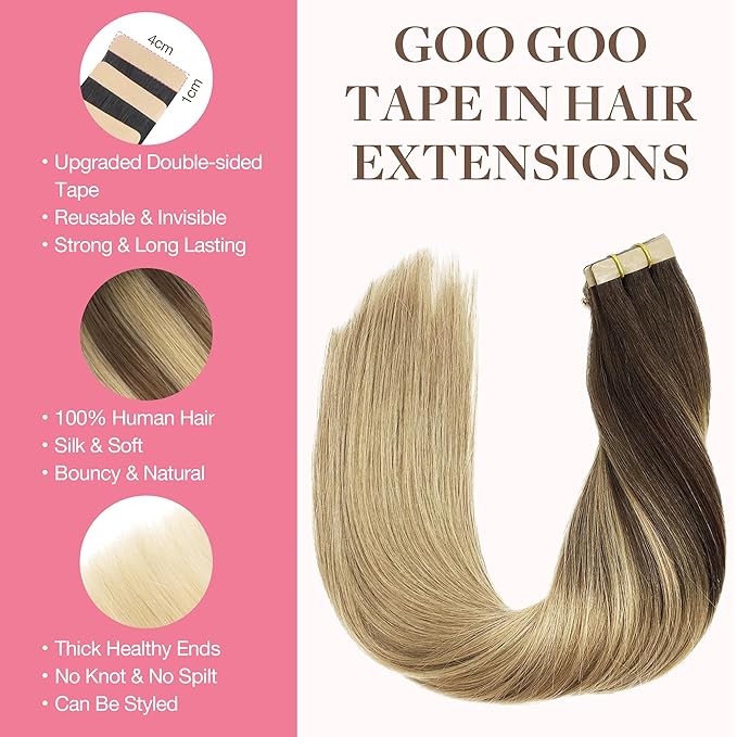 GOO GOO Tape in Hair Extensions Human Hair, 4/18 Balayage Chocolate Brown Highlighted Dirty Blonde, 10inch 60g 40pcs, Skin Weft Seamless Invisible, Silky Straight with Thick Ends, Remy Human Hair