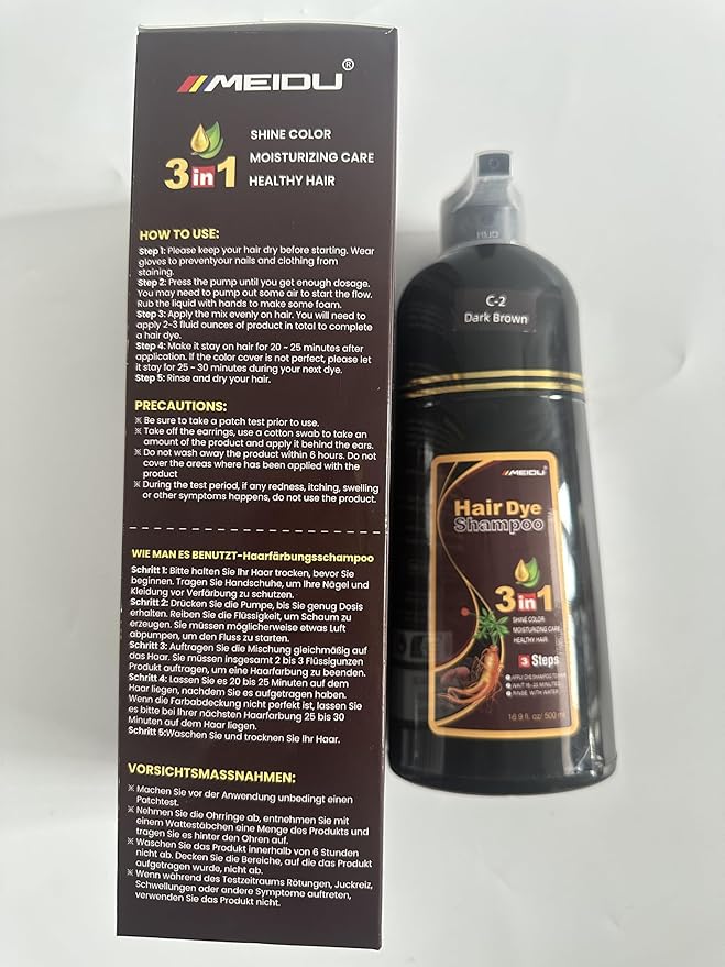 IIIMEIDU Dark Brown Hair Dye Shampoo 3 in 1 for Gray Hair, Herbal Ingredients Shampoo Hair Dye for Women Men, Grey Coverage 500ml
