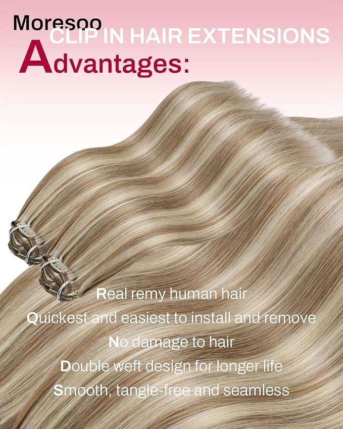 Moresoo Blonde Clip in Hair Extensions Highlight Double Weft Clip Human Hair Extensions Light Brown with Blonde Hair Real Human Hair Clip ins Full Head 7pcs/135g 16inch