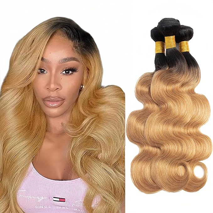 1b/27 Human Hair Bundles Ombre Blonde Body Wave Bundle Brazilian Virgin Remy Hair 3 Bundles 16 18 20 Inch 2 Tone Honey Blonde and Black Bundle Double Weft Hair Weave 150g
