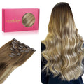 WENNALIFE Clip in Hair Extensions Real Human Hair, 16 Inch 120g 7pcs Ombre Walnut Brown to Ash Brown and Bleach Blonde Clip in Human Hair Remy Clip in Hair Extensions Real Human Hair Double Weft