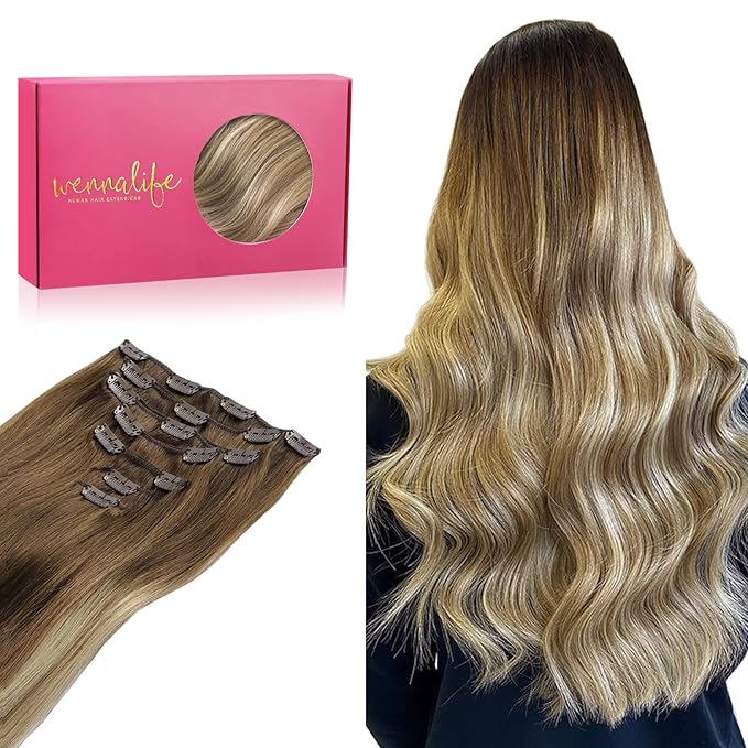 WENNALIFE Hair Extensions Clip In, 24 Inch 120g 7pcs Clip in Hair Extensions Real Human Hair Ombre Walnut Brown to Ash Brown and Bleach Blonde Remy Coloured Human Hair Extensions
