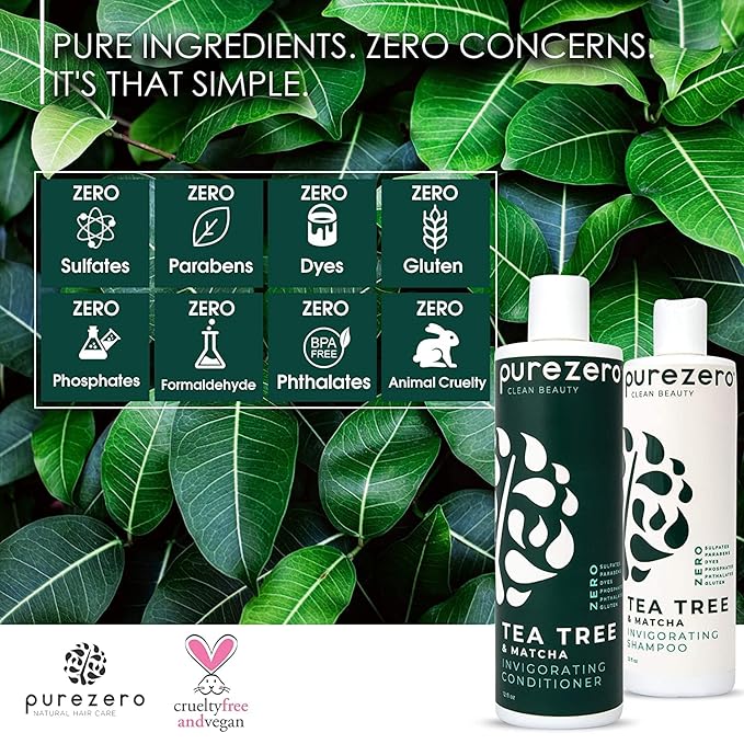 Purezero 20 oz Tea Tree & Matcha Shampoo and Conditioner Set - Nourishing & Invigorating Scalp Treatment - Zero Sulfates, Parabens, Dyes Vegan and Cruelty Free