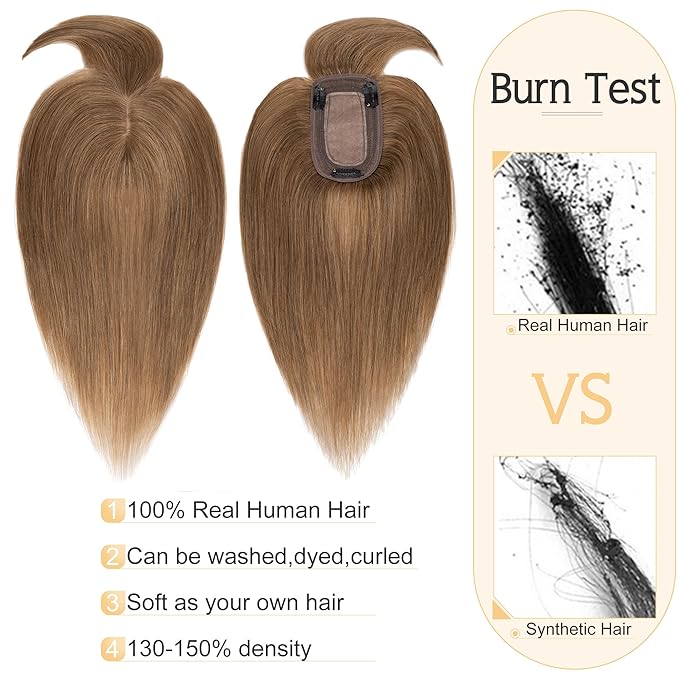 SEGO Hair Toppers for Women Real Human Hair With Bangs, 7 * 13CM Silk Base 100% Remy Human Hair Clip in Top Wiglet Hairpieces Add Volume -18 Inch Light Brown