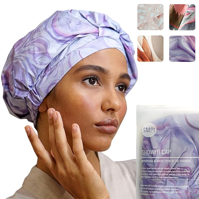 Reusable Shower Cap for Women Reusable Waterproof – Leakproof, Nonslip Hair Cap for Shower Flexiband – Soft, Breathable, Durable Christmas Shower Caps by SMPL OBJECTS (Marble)