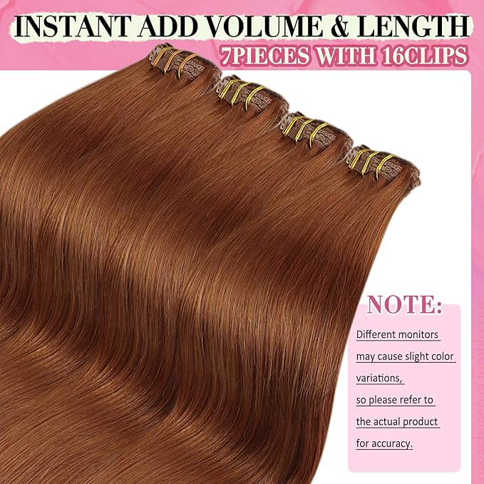 YoungSee 24 inch Hair Extensions Clip ins Copper Real Hair Extensions Clip in Human Hair Copper Clip in Real Hair Extensions Long Straight Hair 7pcs 120g