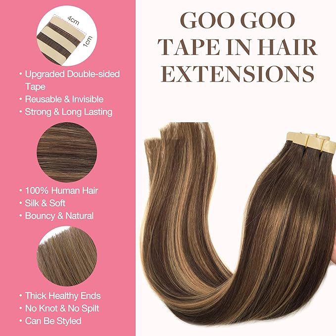 GOO GOO Tape in Hair Extensions Human Hair, 4/27/4 Balayage Chocolate Brown to Caramel Blonde, 20inch 50g 20pcs, Thick Ends Straight Seamless, Invisible