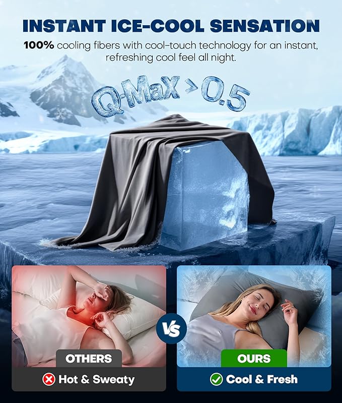Ultra-Chill Cooling Pillowcase Set of 2 for Hot Sleepers, Softer Than Silk Pillow Cases for Protecting Hair & Skin, Breathable Bed Pillow Covers w/Zipper, Gifts for Women & Men(Dark Gray, Queen)