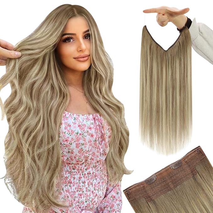 YoungSee 120G Wire Hair Extensions Light Brown Blonde Secret Wire Human Hair Extensions Light Brown Balayage Platinum Blonde Fish Line Extensions Remy Hair 16Inch