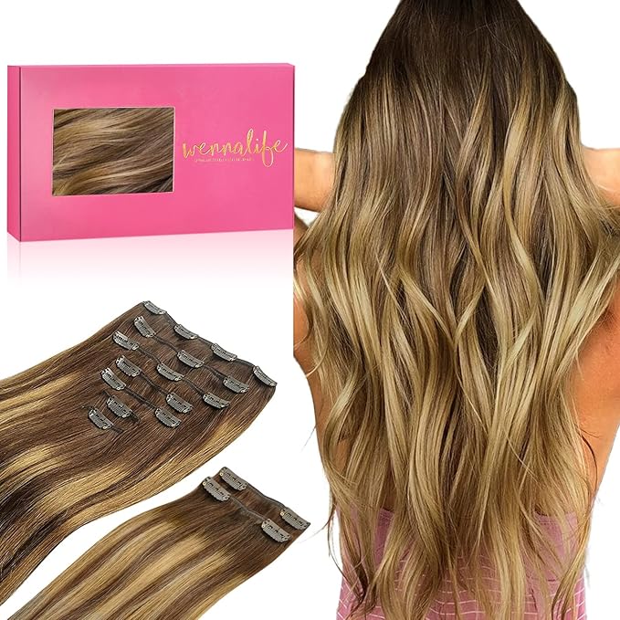 WENNALIFE Clip in Hair Extensions, 150g 14 Inch 9pcs Balayage Chocolate Brown to Caramel Blonde Remy Hair Thicker Double Weft Extensiones De Cabello Humano Con Clip Ins Straight Full Volume