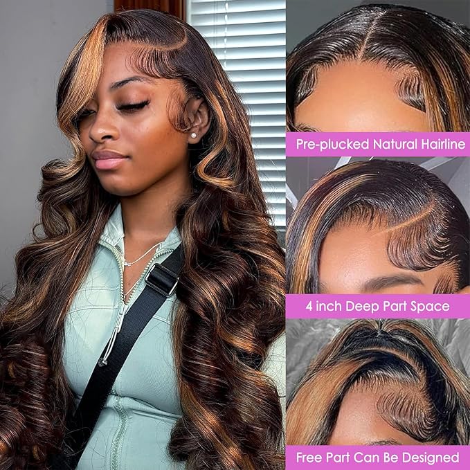 Ombre Lace Front Wig Human Hair Highlight Body Wave Lace Front Wigs Human Hair Pre Plucked 13x4 Transparent Lace Frontal Wig 200 Density Glueless 1B/30 Highlighted Wigs 20 Inch