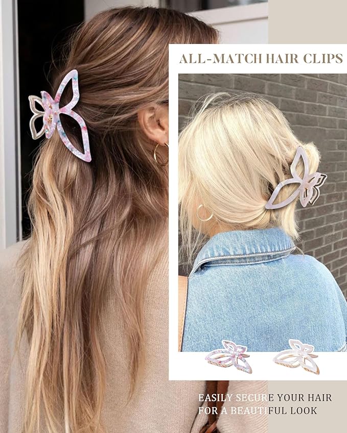 ACECHA 2 Pack Gold Metal Bow Hair Claw Clips for Women, Large Non-slip Butterfly Hairclips for Thin Thick Hair Claws Strong Hold Styling (Pink)
