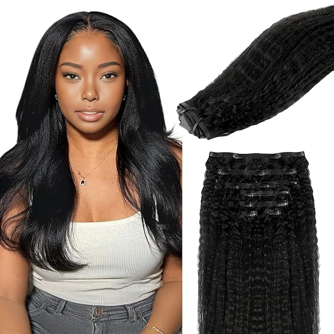 Lashey Seamless Clip in Hair Extensions Human Hair #1 Jet Black Kinky Straight Clip in Hair Extensions Real Human Hair 7pcs 110g 18 Inch PU Weft Natural Hair Extension for Women