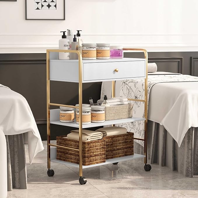 Salon Rolling Trolley with Lockable Wheels Barber Cart Storage Drawer Shelf Mobile Hair Station Cabinet for Beauty Makeup Spa Massage Lash Tattoo Pedicure