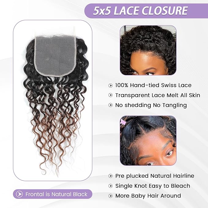 T1B/2/30 Ombre Water Wave 5x5 Lace Closure 100% Real Human Hair 14 Inch Chestnut Brown Ombre Water Wave Transparent Lace Closure
