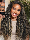 KLAIYI Ombre Highlight Blonde Water Wave Glueless Pre Everything 13x4 Lace Front Wigs Human Hair Drawstring Pre Plucked Pre Bleached Bye Bye Knots Curly Wig with Dark Roots Ready to Wear and Go 26Inch
