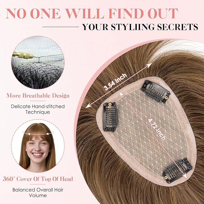 Hairro Human Hair Toppers with Wispy Bangs, 3.5x4.7" Hand-wovened Base for Women with Thinning Hair, Lightweight & Breathable Realistic Scalp, Clip-in Hairpieces for Easy Wear, 16 Inch Medium Brown