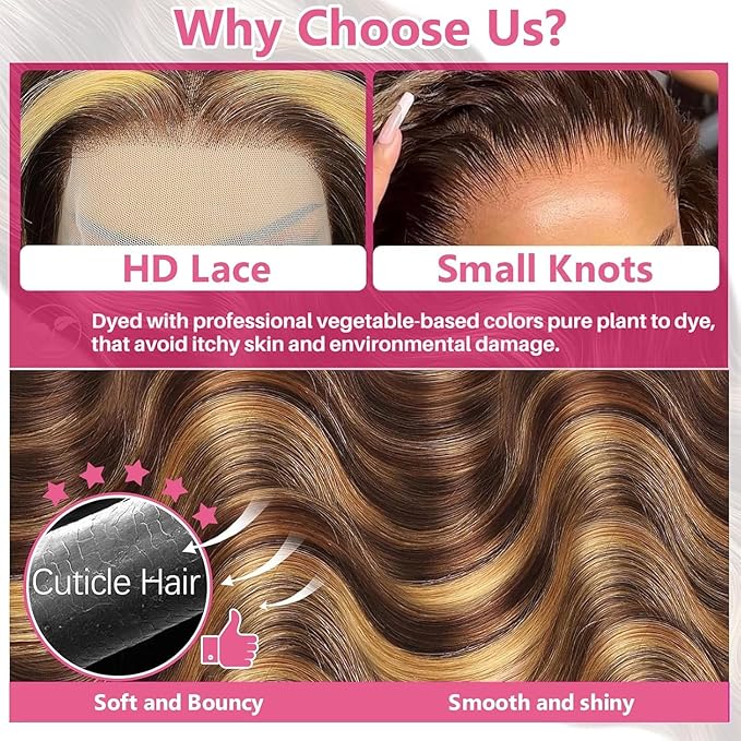 32 Inch 13x6 Lace Front Wigs Human Hair 200 Density P4/27 Highlight Ombre Body Wave HD Lace Front Wigs Human Hair Pre Plucked