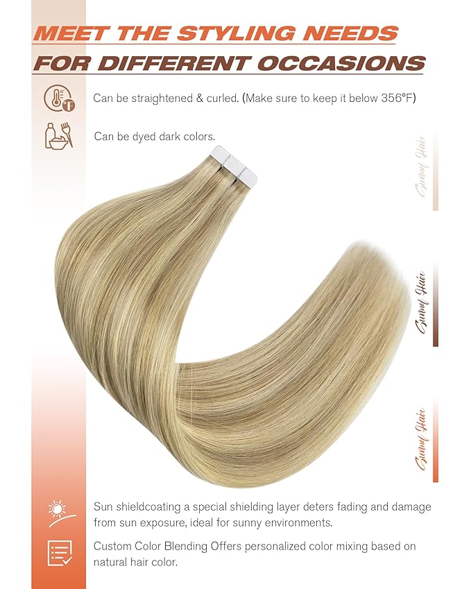 Sunny Hair Tape in Hair Extensions Real Human Hair Invisible Remy Hair Extensions Tape ins for Women Golden Blonde Highlight Medium Blonde 18 inch 20Pcs 50G