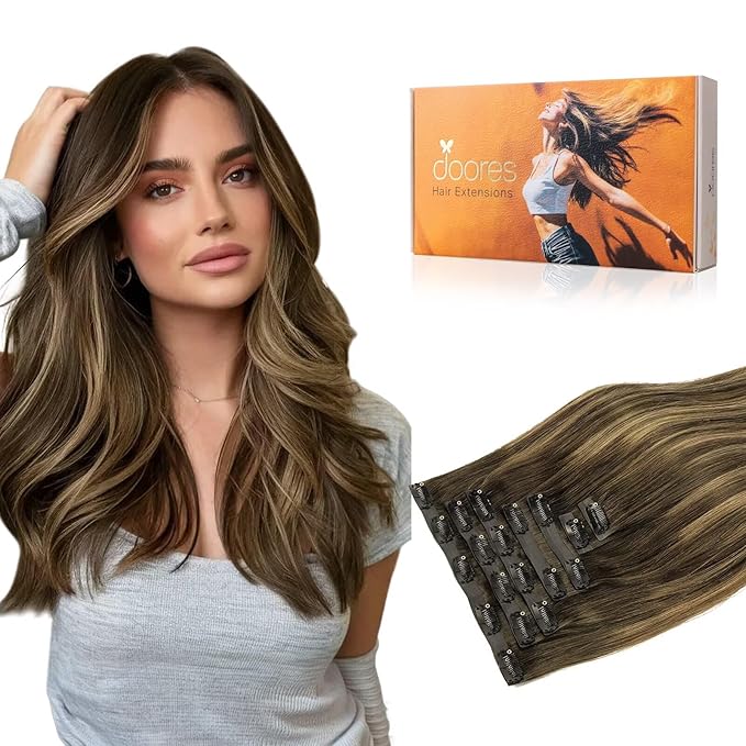 DOORES Clip in Hair Extensions, Chocolate Brown to Caramel Blonde 130g9pcs 14 Inch Virgin Remy Straight Human Hair Extensions for Women