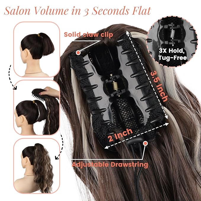 Claw Wavy Ponytail Extension 18 Inch for Women Curly Pony Tail Clip in Hair Extensions Fluffy Natural Looking Synthetic Hairpiece for Daily Use (Ash Brown with Platinum Blonde)