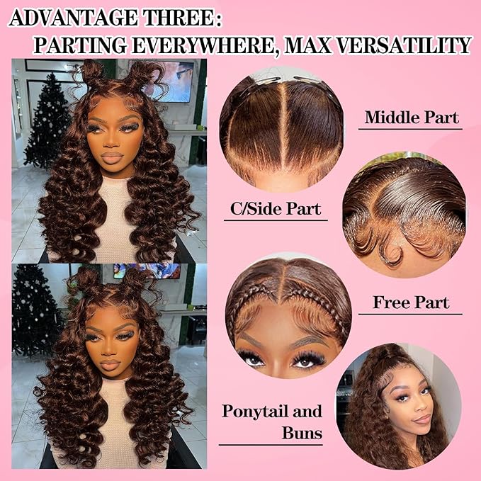 MEIMEI 250% Density HD Full Lace Front Wigs Human Hair Loose Deep Wave Chocolate Brown 32 Inch 15A Grade Real Full Large Lace Space Brown 13x4 Loose Wave Lace Frontal Wigs Human Hair Pre Plucked