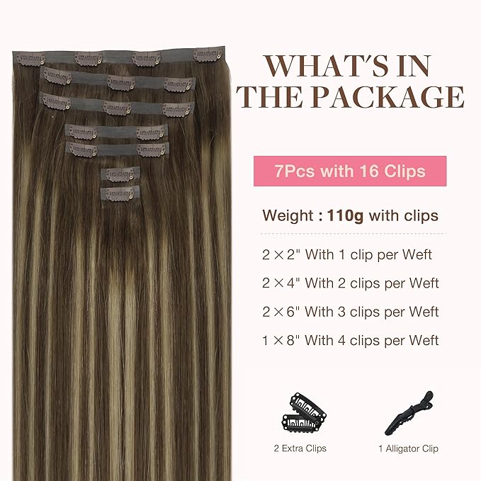 GOO GOO Clip in Hair Extensions Real Human Hair, Remy Human Hair Extensions Clip ins for Women, Natural Human Hair, 20inch 110g 7Pcs, 4/26/4 Balayage Chocolate Brown to Honey Blonde