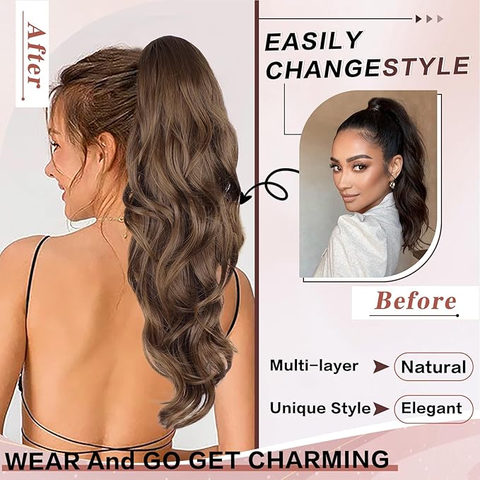 Ponytail Extension, Drawstring Ponytail Extension for Women 26 Inch Long Wavy Light Brown Pony Tails Hair Extensions Synthetic Clip in Ponytail Hairpiece for Women