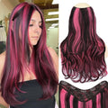 ALXNAN Long Wavy Hair Extensions for Women, Clip in Hair Extensions Clip Ins Soft Full Head Synthetic Hairpieces 20 Inch Black Mix Rose Pink Highlights